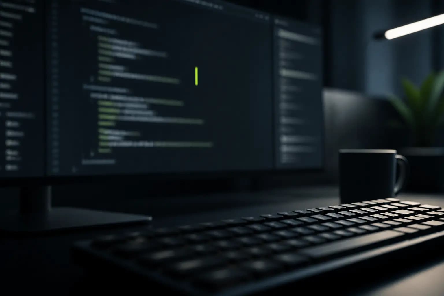 Abstract code editor glow with a lime cursor accent
