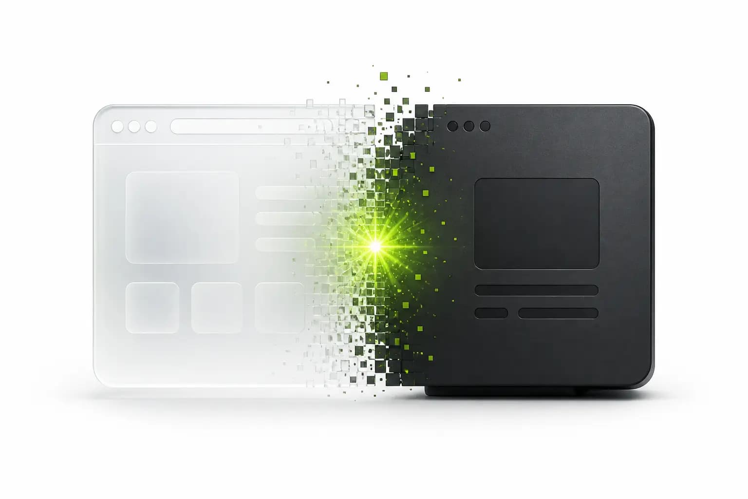 Browser window dissolving into a solid desktop device silhouette