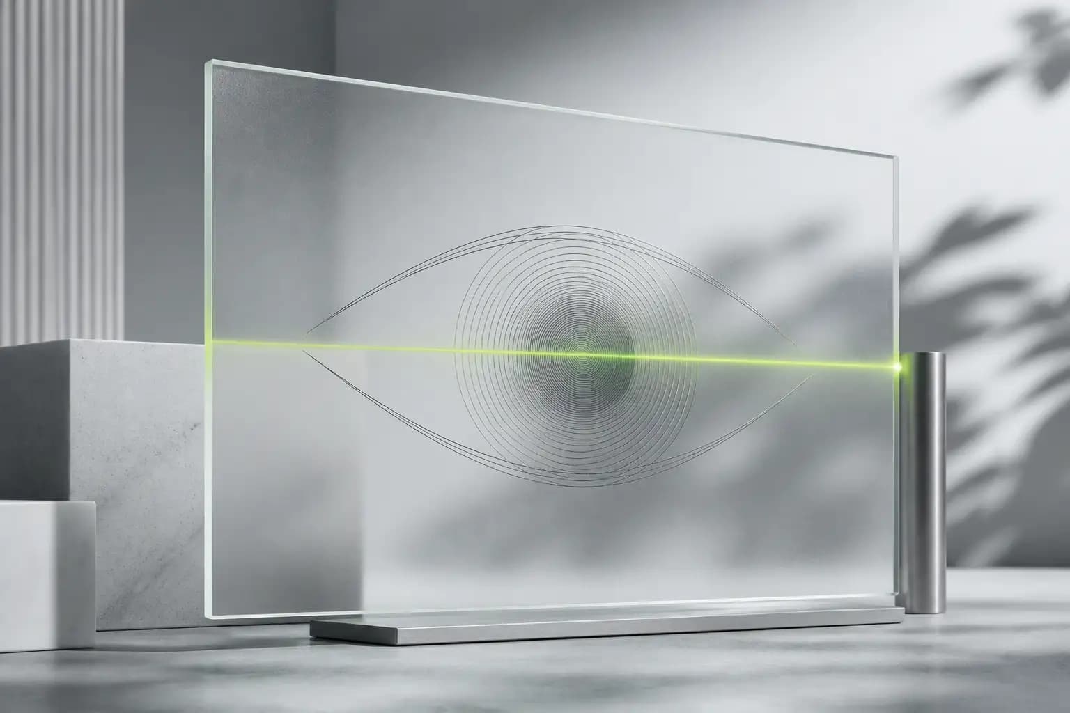 Abstract glass panel with a subtle detection scan accent