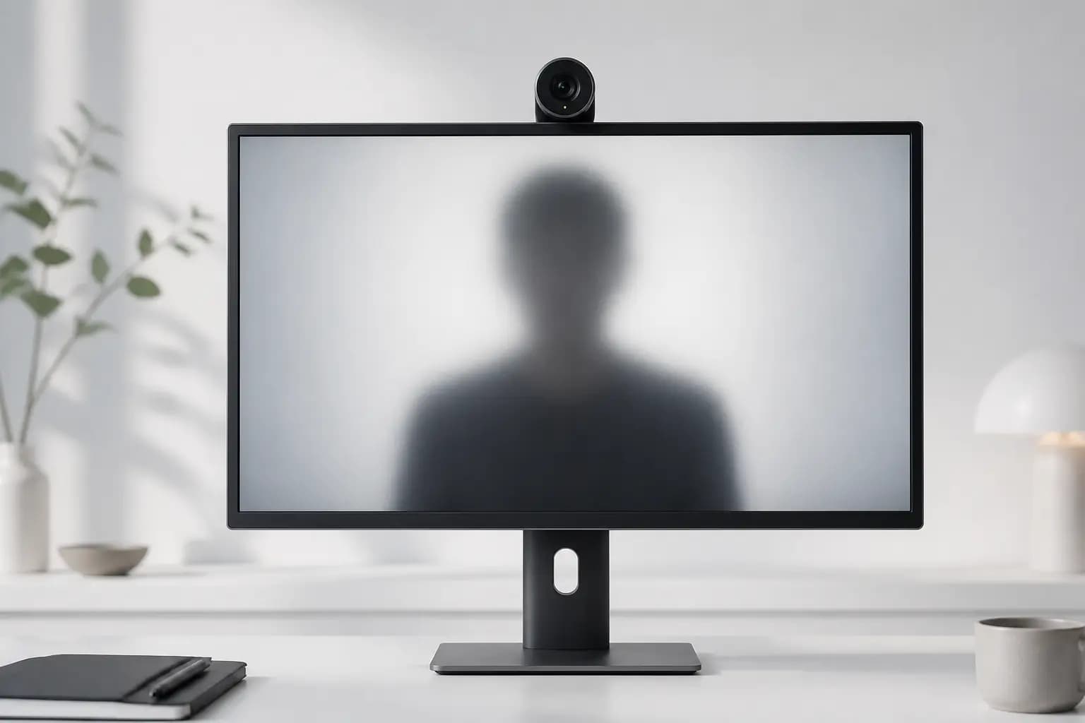 One-way video interview monitor with a soft lime camera accent