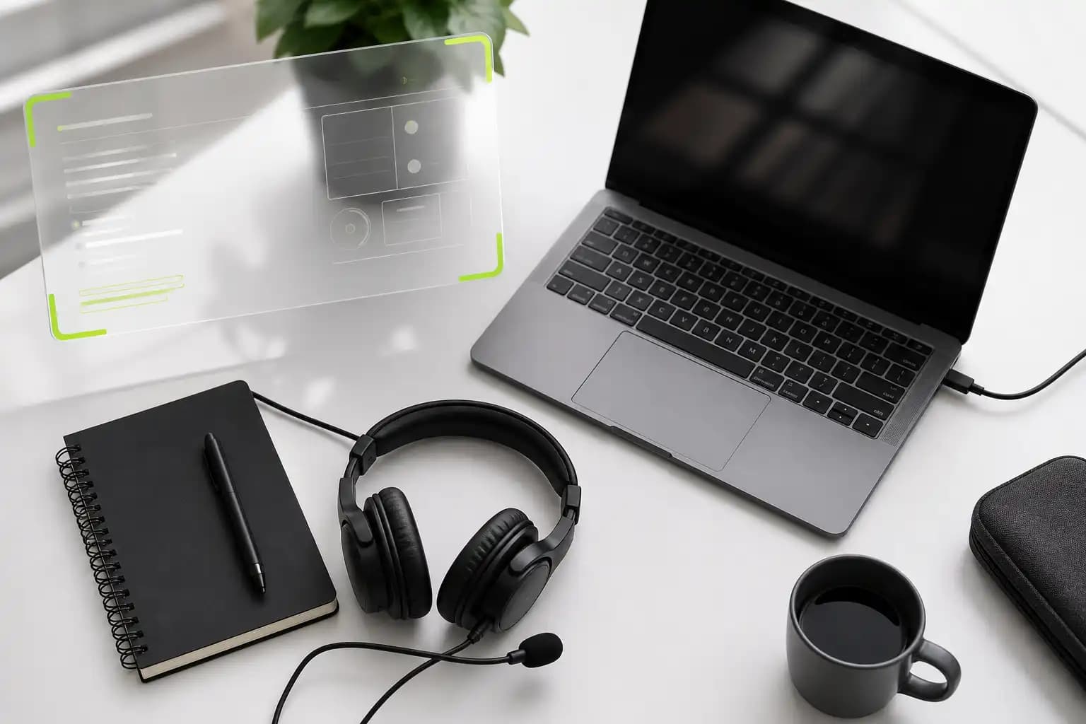 Overhead interview desk setup with headset and subtle HUD accent